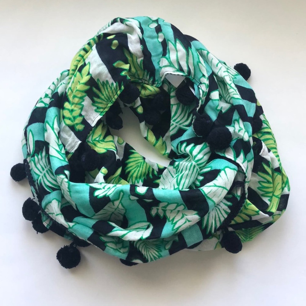 crown & ivy Green Black Leaf Print Infinity Scarf with Pom Poms
